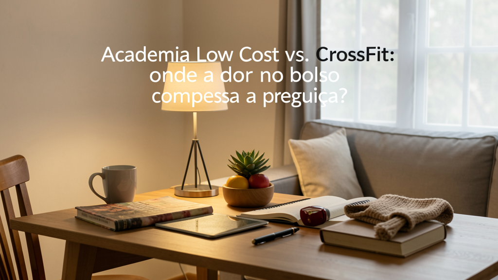 Imagem editorial ilustrando Academia Low Cost vs. CrossFit: onde a dor no bolso compensa a preguiça?