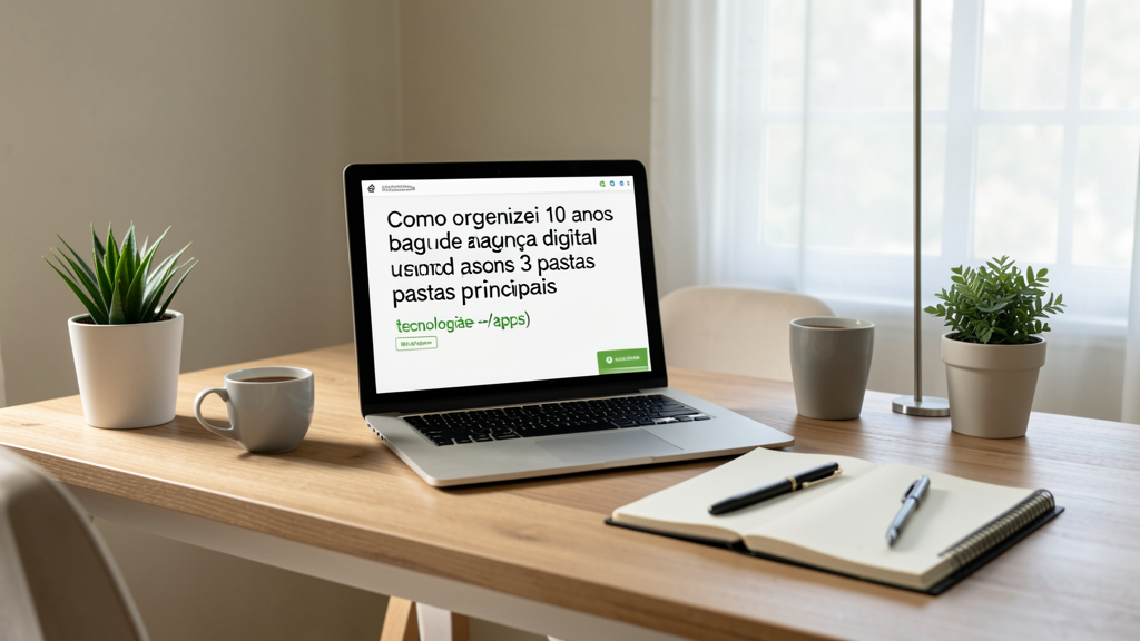 Imagem editorial ilustrando Como organizei 10 anos de bagunça digital usando apenas 3 pastas principais