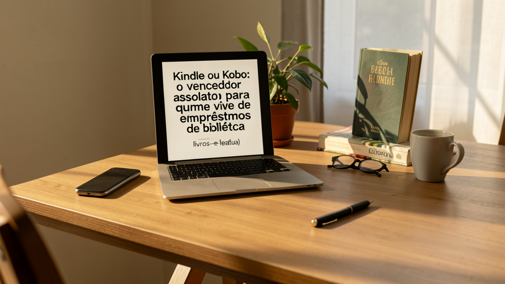 Imagem editorial ilustrando Kindle ou Kobo: o vencedor absoluto para quem vive de empréstimos de biblioteca
