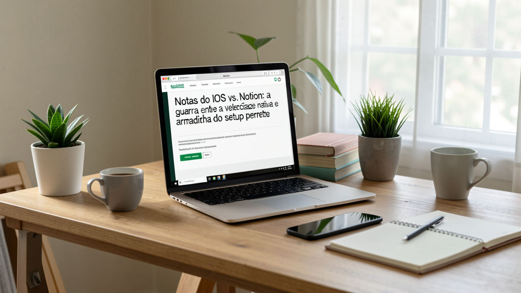 Imagem editorial ilustrando Notas do iOS vs. Notion: a guerra entre a velocidade nativa e a armadilha do setup perfeito